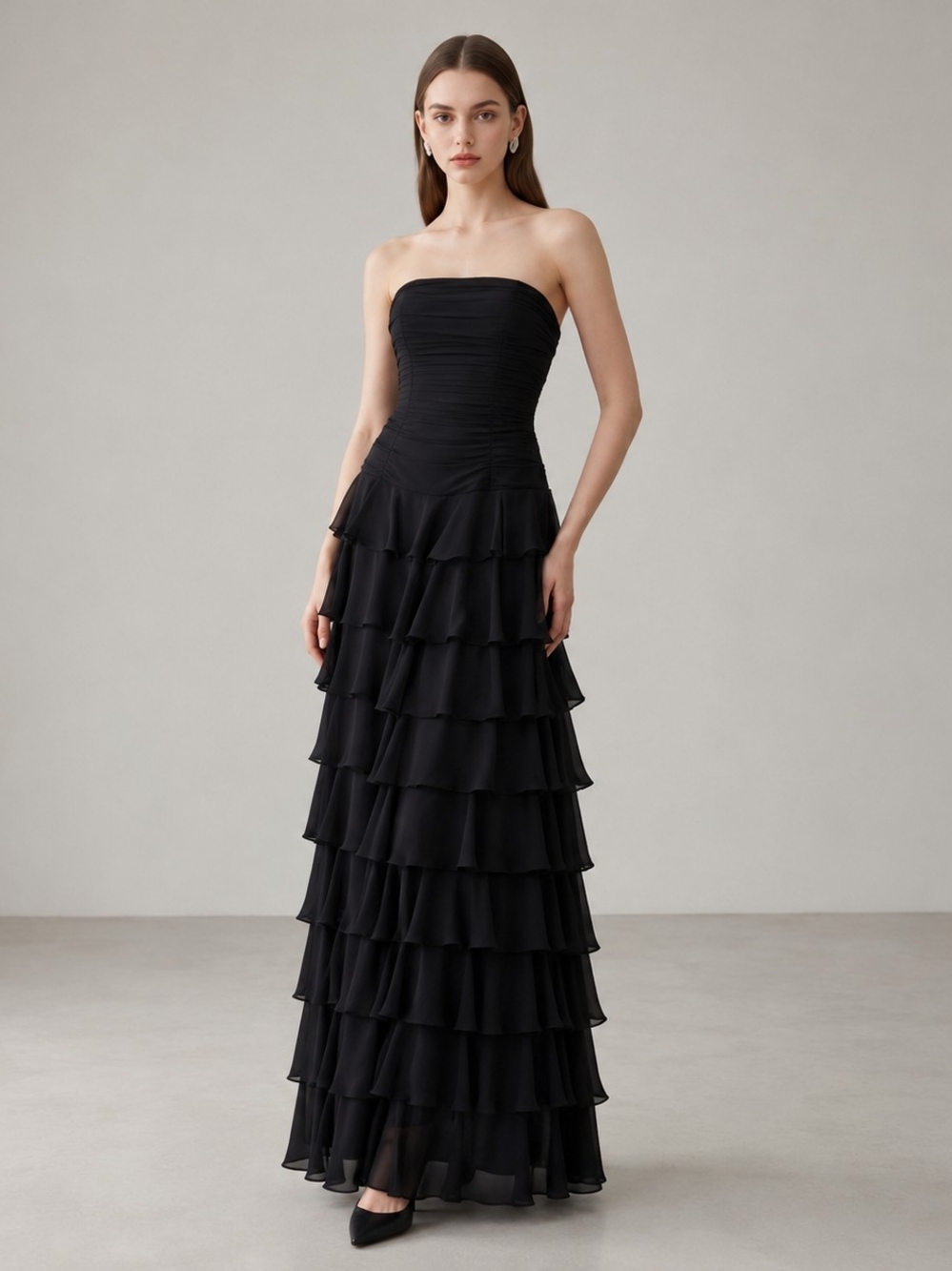 Vintage 80s Lillie Rubin Black Strapless Silk Chiffon Maxi Dress Size M Ruffles